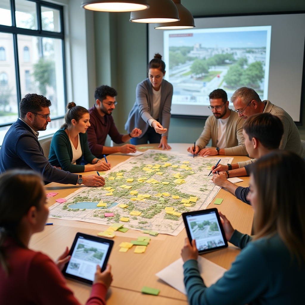 Community members collaborating at urban planning workshop with digital tools