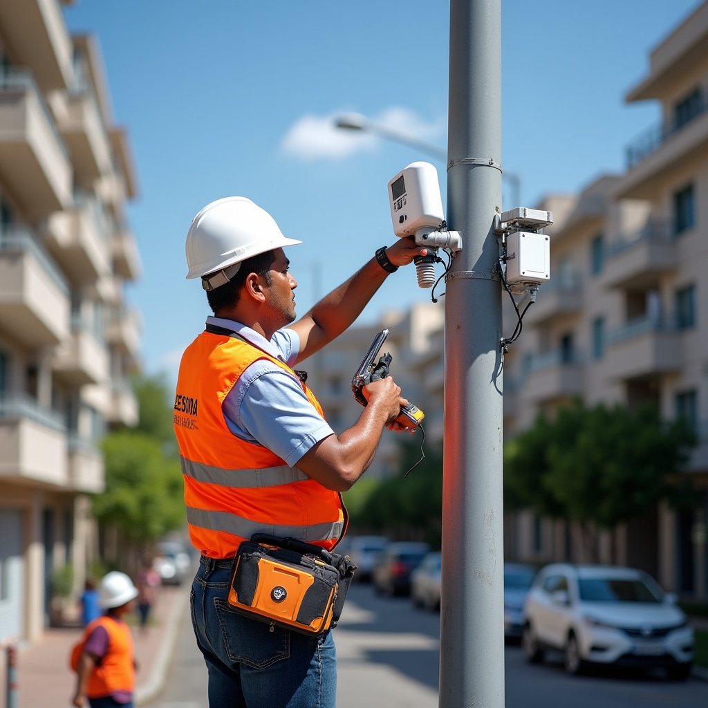 IoT sensors being deployed in urban environment with technical specifications visible