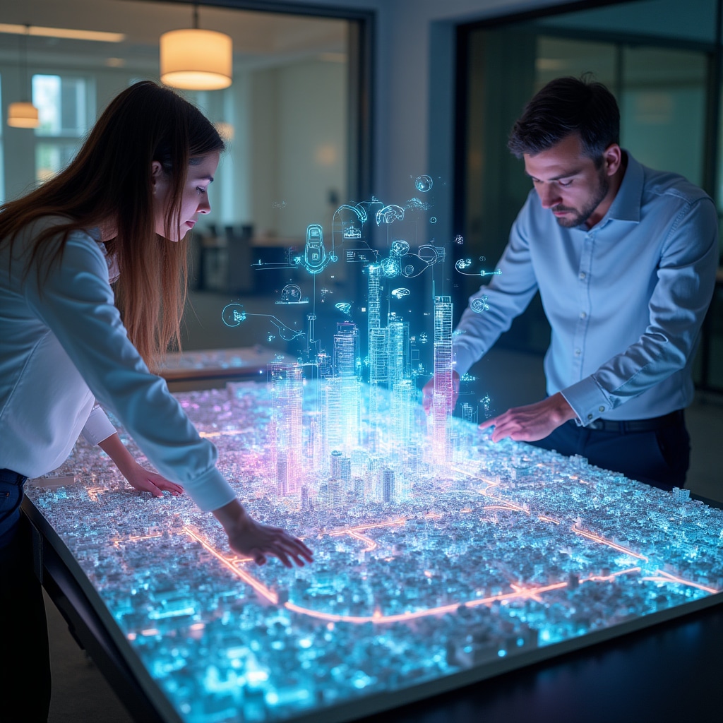 Conceptual visualization of interconnected smart city systems and digital infrastructure